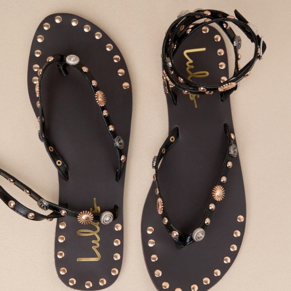 Lulus Brydone Black Studded Ankle Strap Flat Thong Sandals - Size 10